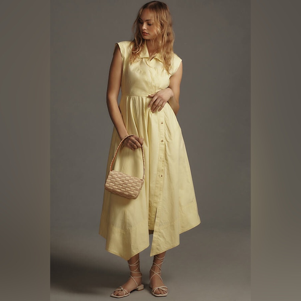 Anthropologie Pale Yellow Button-Front Maxi Dress